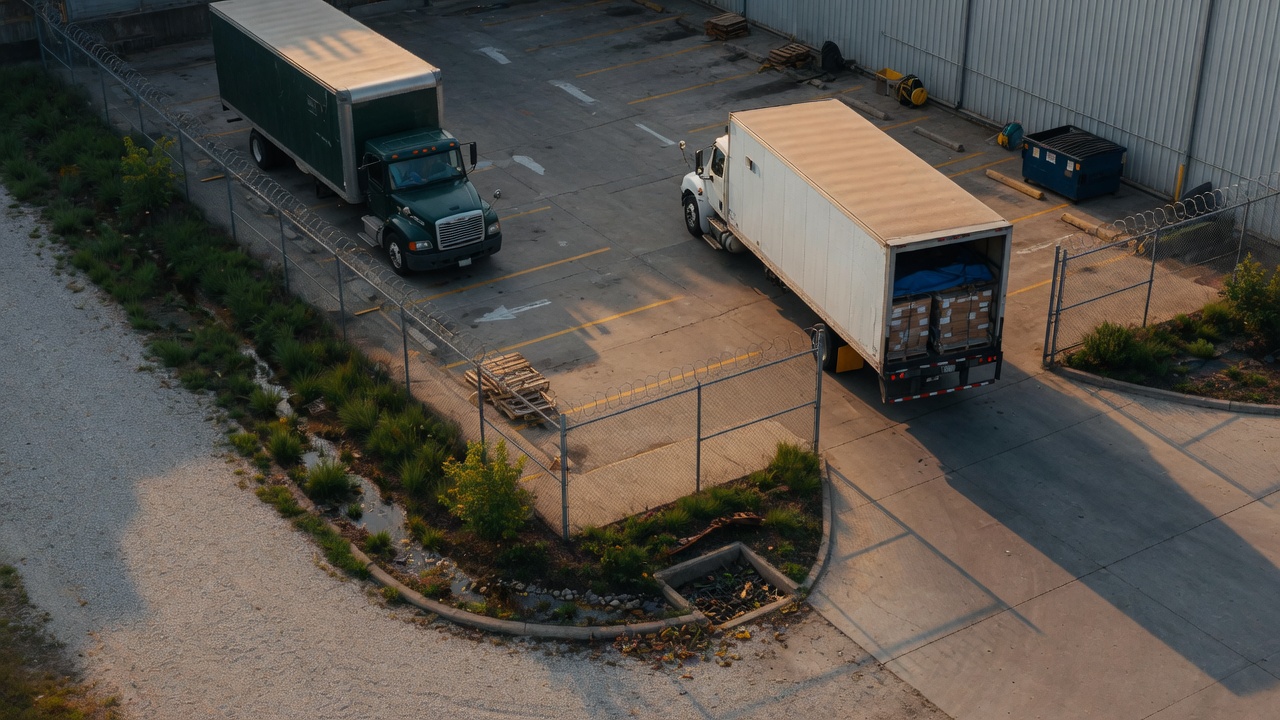 A compact shared yard with a full truck leaving and planting along the edge.