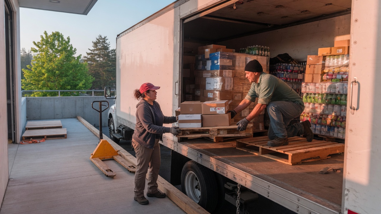 Operators loading a shared truck so the trip leaves full.