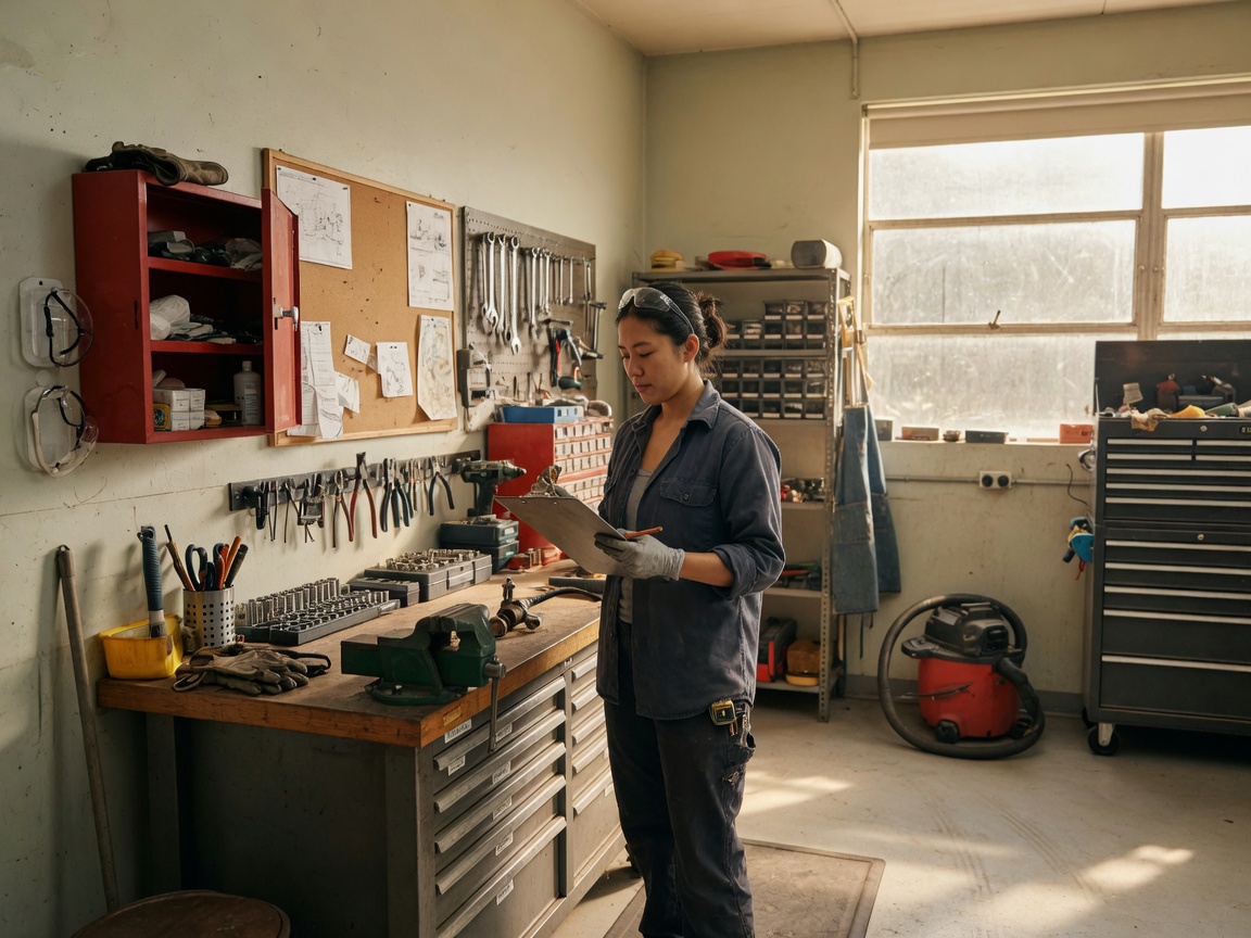 A well-kept independent workshop with safety gear in place.